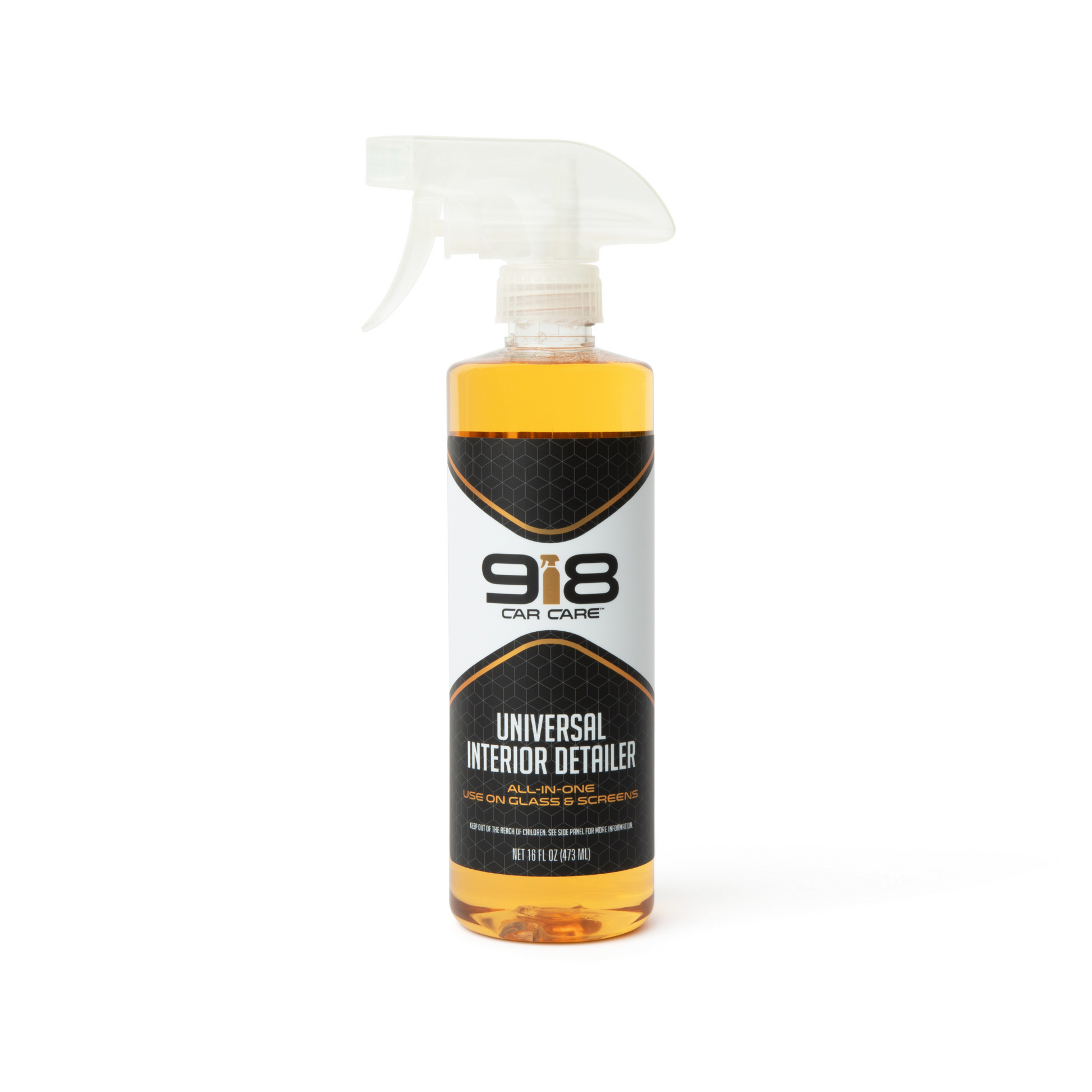 16fl oz white spray bottle with black trim of 918 Car Care Universal Interior Detailer: All-in-one use on glass & screens. Both the subheading, and the spray bottle in the company logo, are gold.