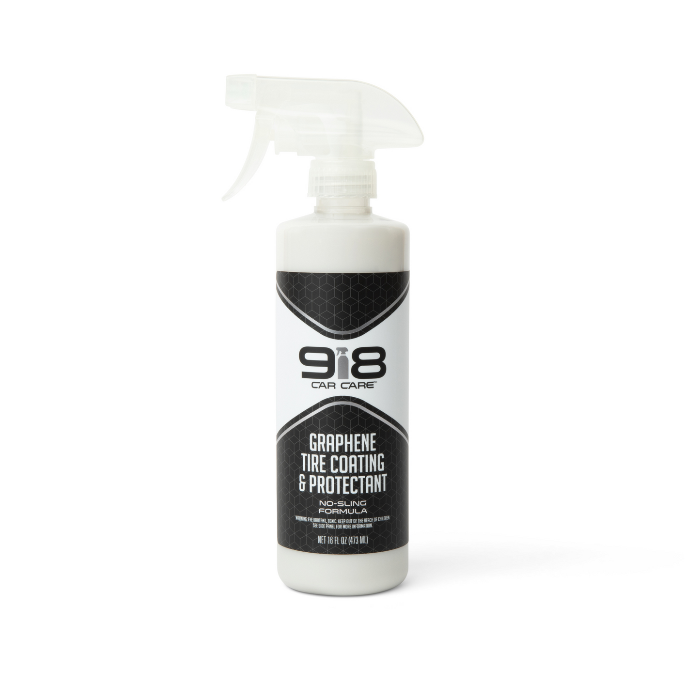 16fl oz white spray bottle with black trim of 918 Graphene Tire Coating & Protectant: No-Sling Formula. Both the subheading, and the spray bottle in the company logo, are grey.