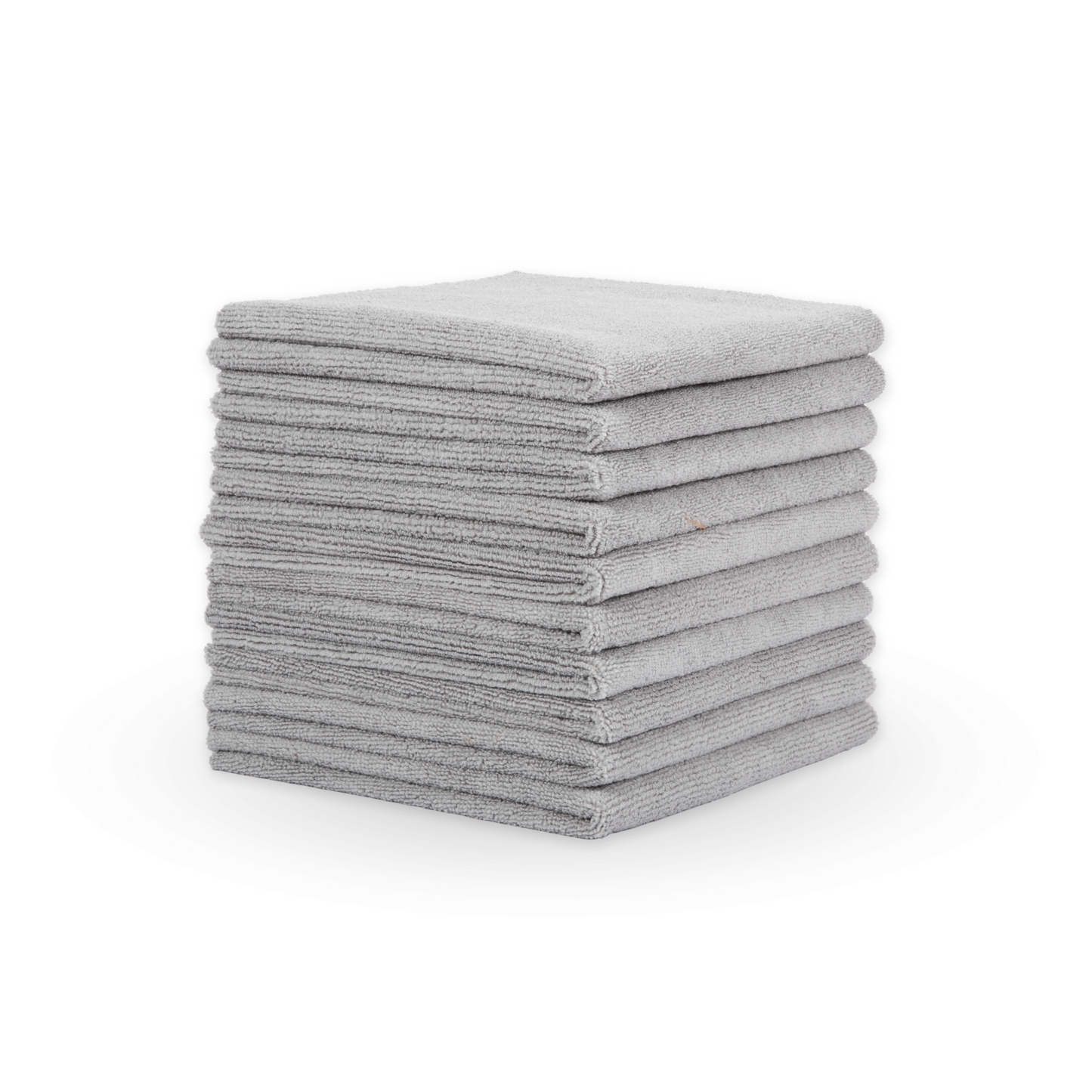 Stack of 10 grey Plush Edgeless Detailing Towels, folded.