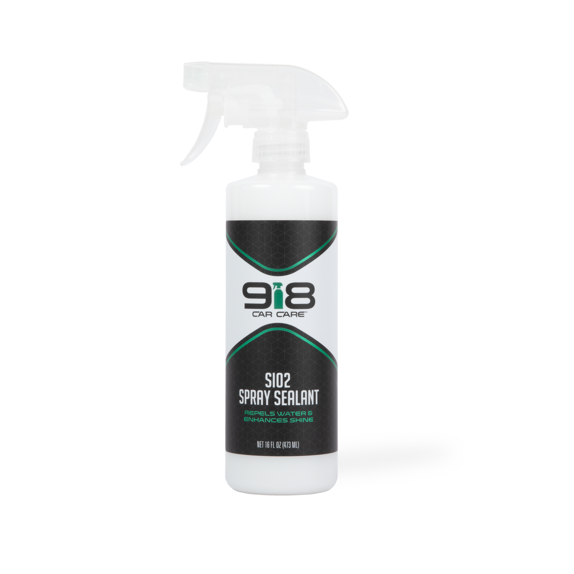 16fl oz white spray bottle with black trim of 918 SIO2 Spray Sealant: Repels Water & Enhances Shine. Both the subheading, and the spray bottle in the company logo, are green.