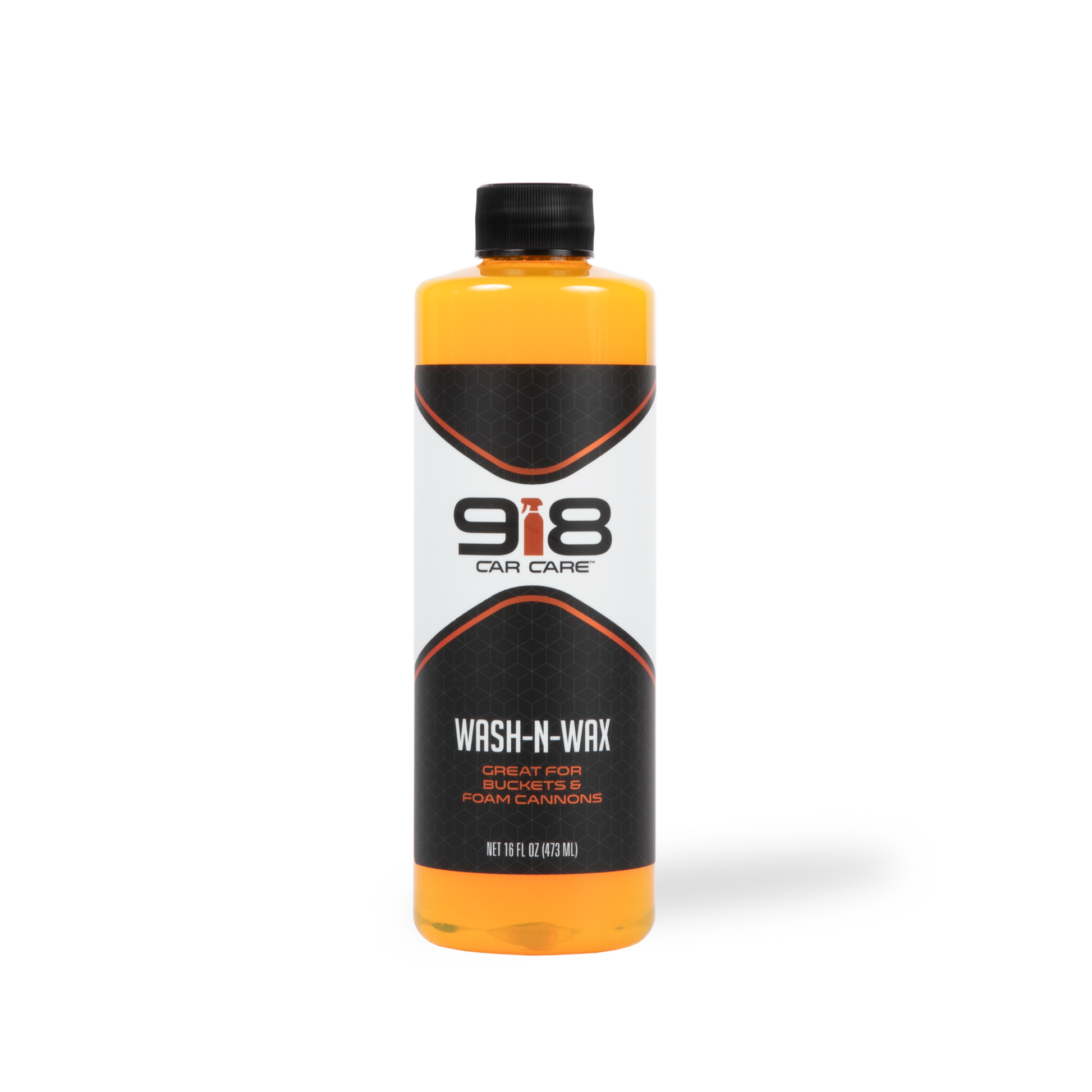 16fl oz black squeeze bottle with white trim of 918 Wash & Wax: Great for Buckets & Foam Cannons. Both the subheading, and the spray bottle in the company logo, are dark orange.