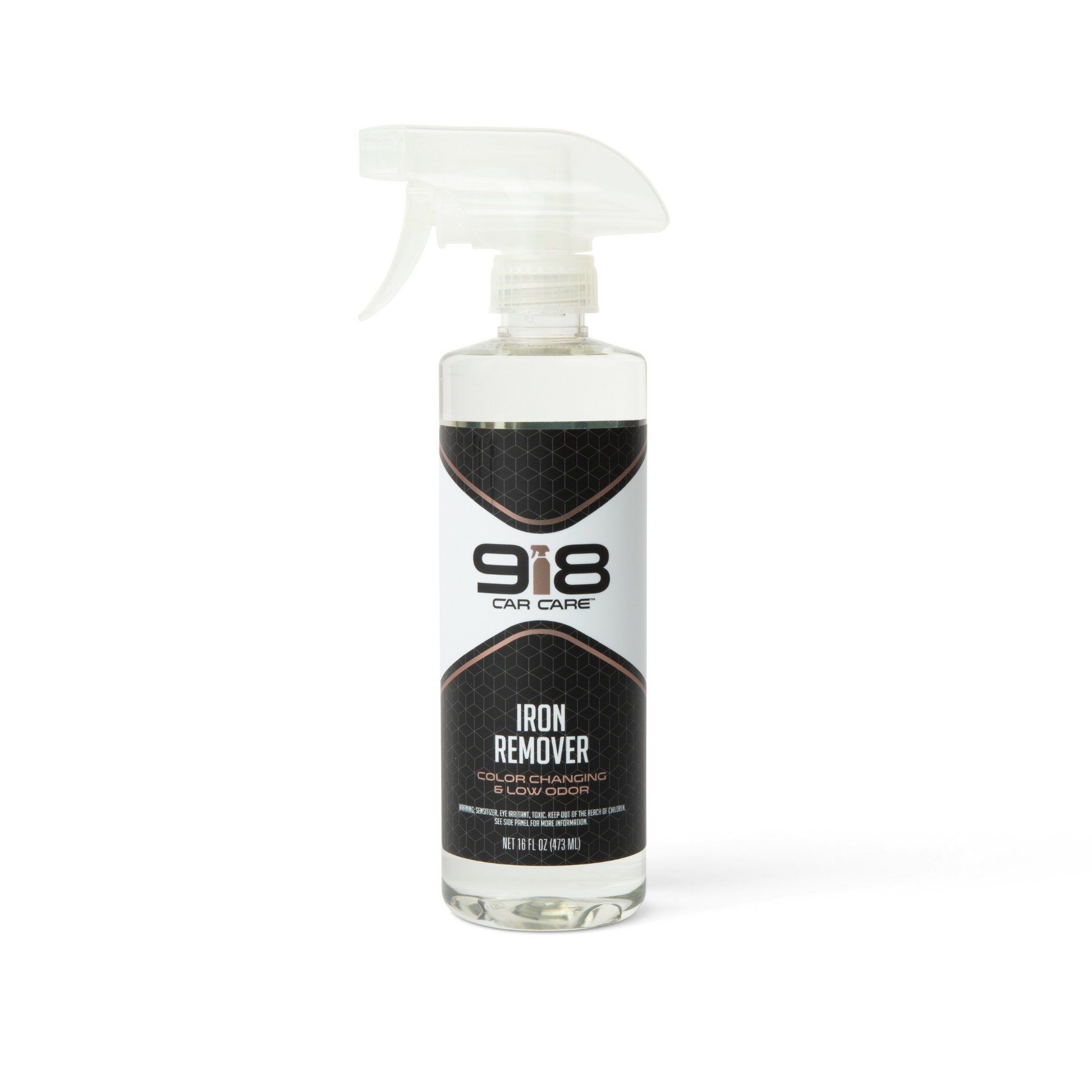 16fl oz white spray bottle with black trim of 918 Car Care Iron Remover: Color Changing & Low Odor. Both the subheading, and the spray bottle in the company logo, are brown-gold.