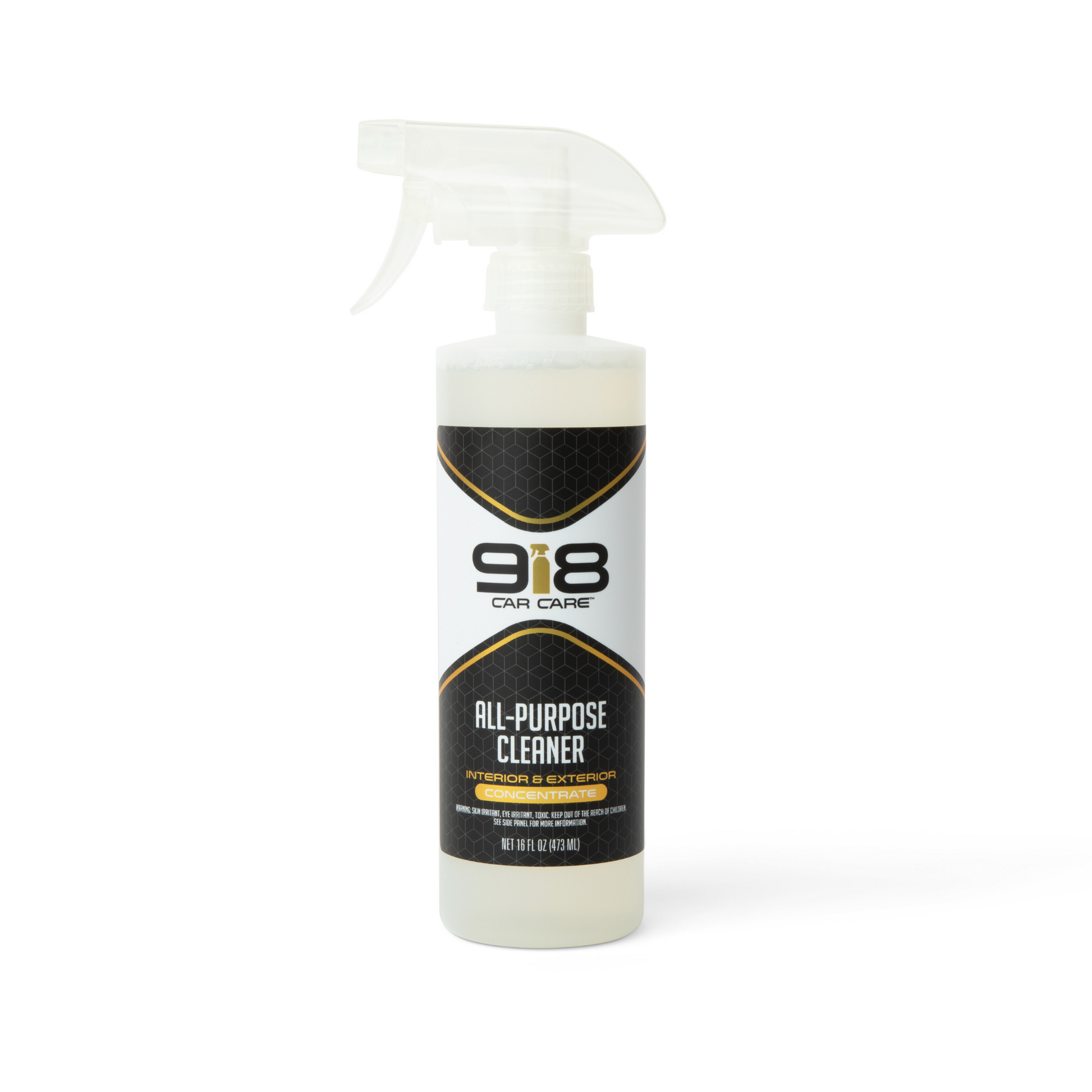 16fl oz white spray bottle with black trim of 918 Car Care All-Purpose Clean: Interior & Exterior Concentrate. Both the subheading, and the spray bottle in the company logo, are yellow-orange.