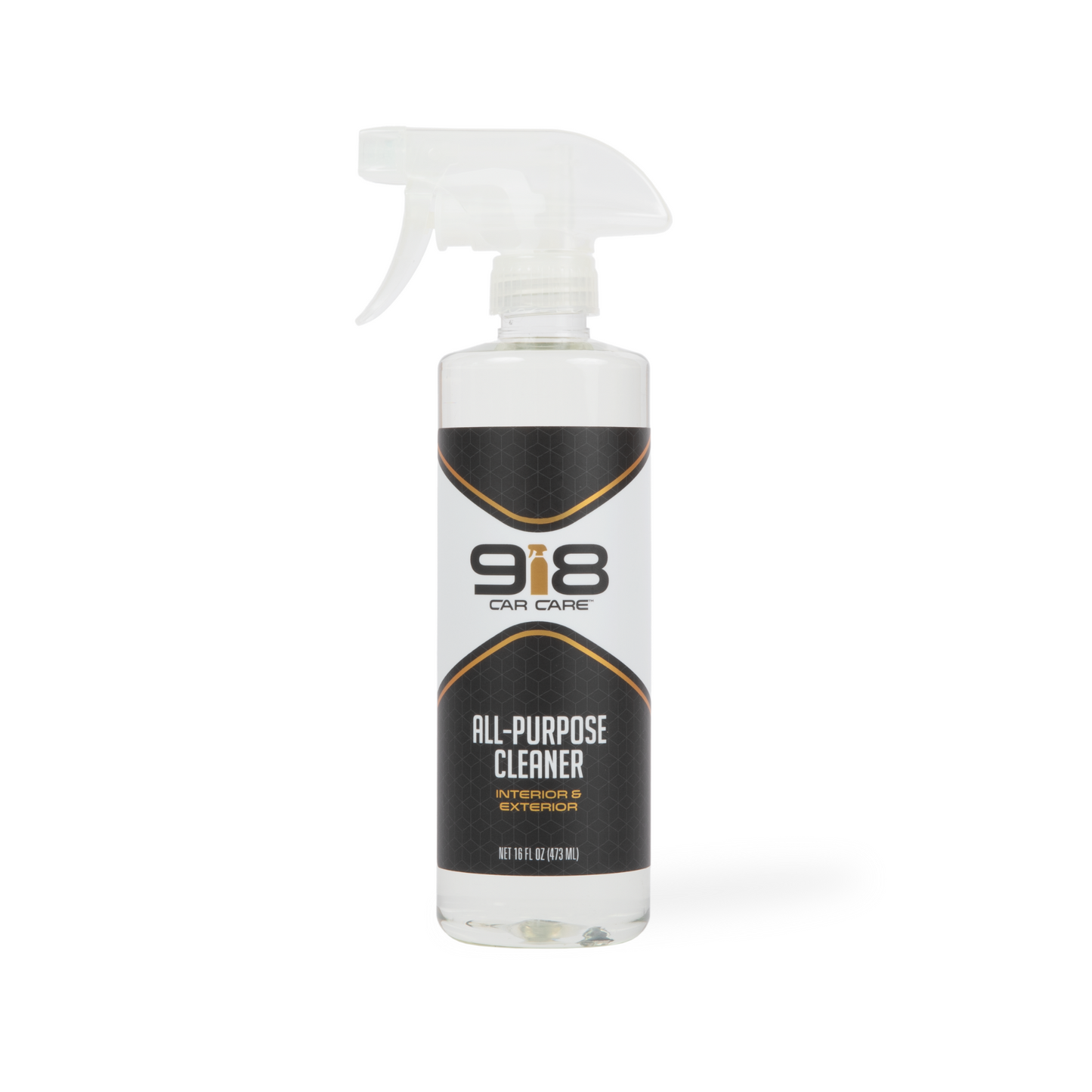 16fl oz white spray bottle with black trim of 918 Car Care All-Purpose Cleaner: Interior & Exterior. Both the subheading, and the spray bottle in the company logo, are bronze.