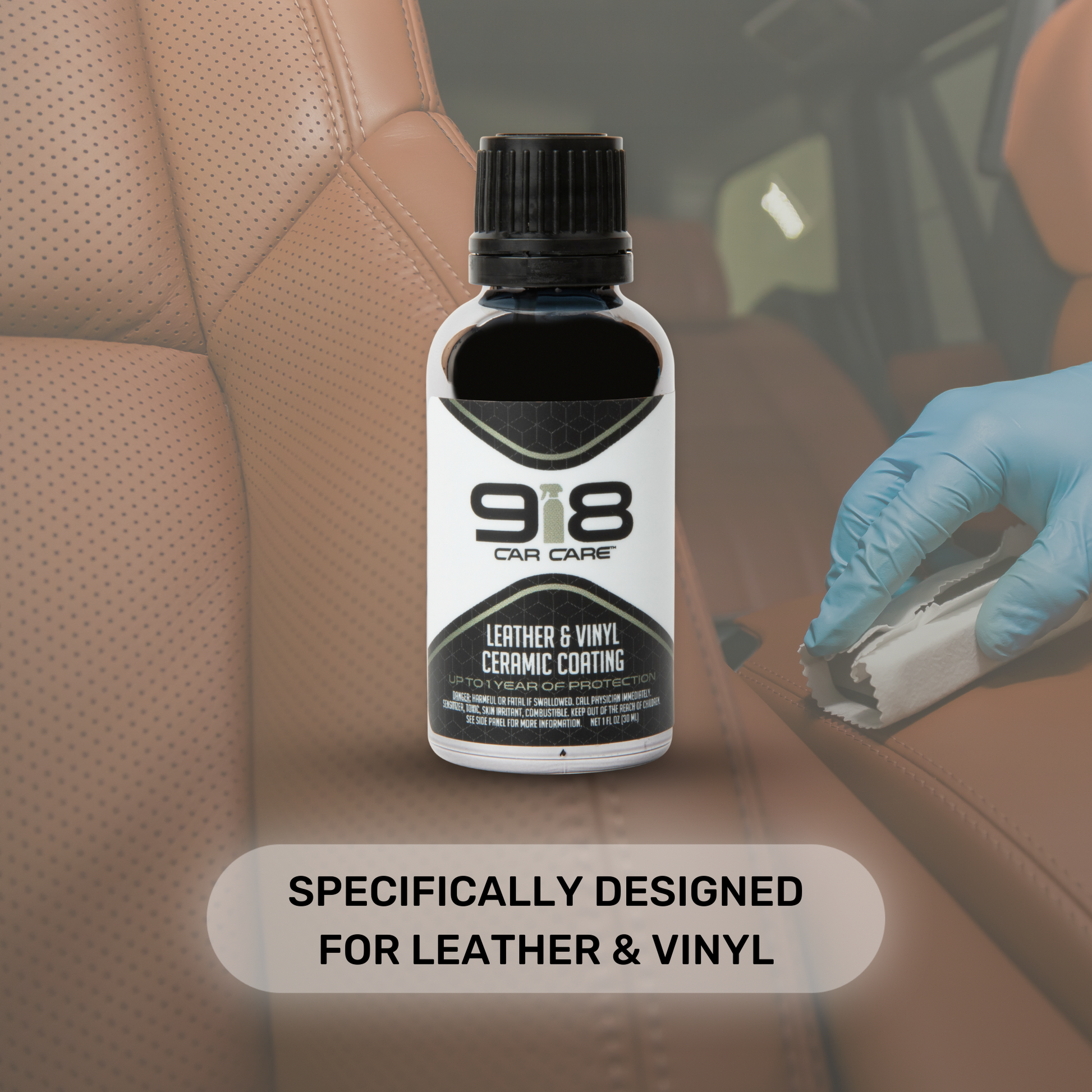 Black squeeze bottle with white trim of 918 Car Care Leather & Vinyl Ceramic Coating, on a leather car seat background.

Text reads: specifically designed for leather & vinyl.