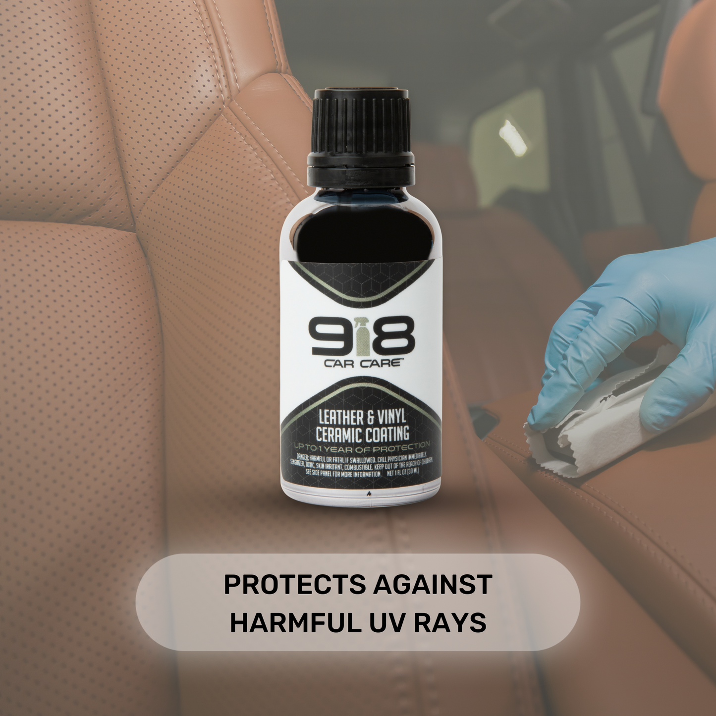 Black squeeze bottle with white trim of 918 Car Care Leather & Vinyl Ceramic Coating, on a leather car seat background.

Text reads: protects against harmful UV rays.