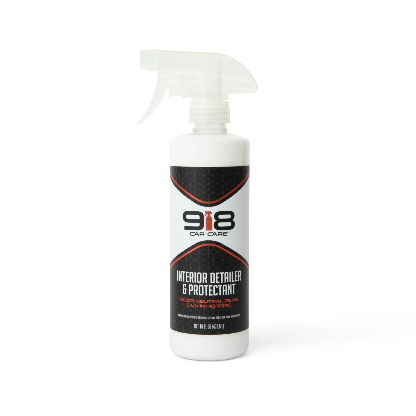 16fl oz white spray bottle with black trim of 918 Car Care Interior Detailer & Protectant: Odor Neutralizers & UV Inhibitors. Both the subheading, and the spray bottle in the company logo, are orange-red.