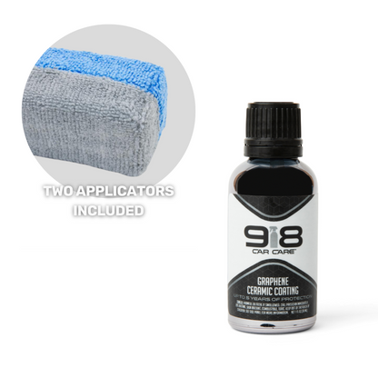 Black squeeze bottle with white trim of 918 Car Care Over the Top: Graphene Ceramic Coating. Both the subheading, and the spray bottle in the company logo, are light grey.

Picture of two applicators (one grey, one blue) in upper-left corner.