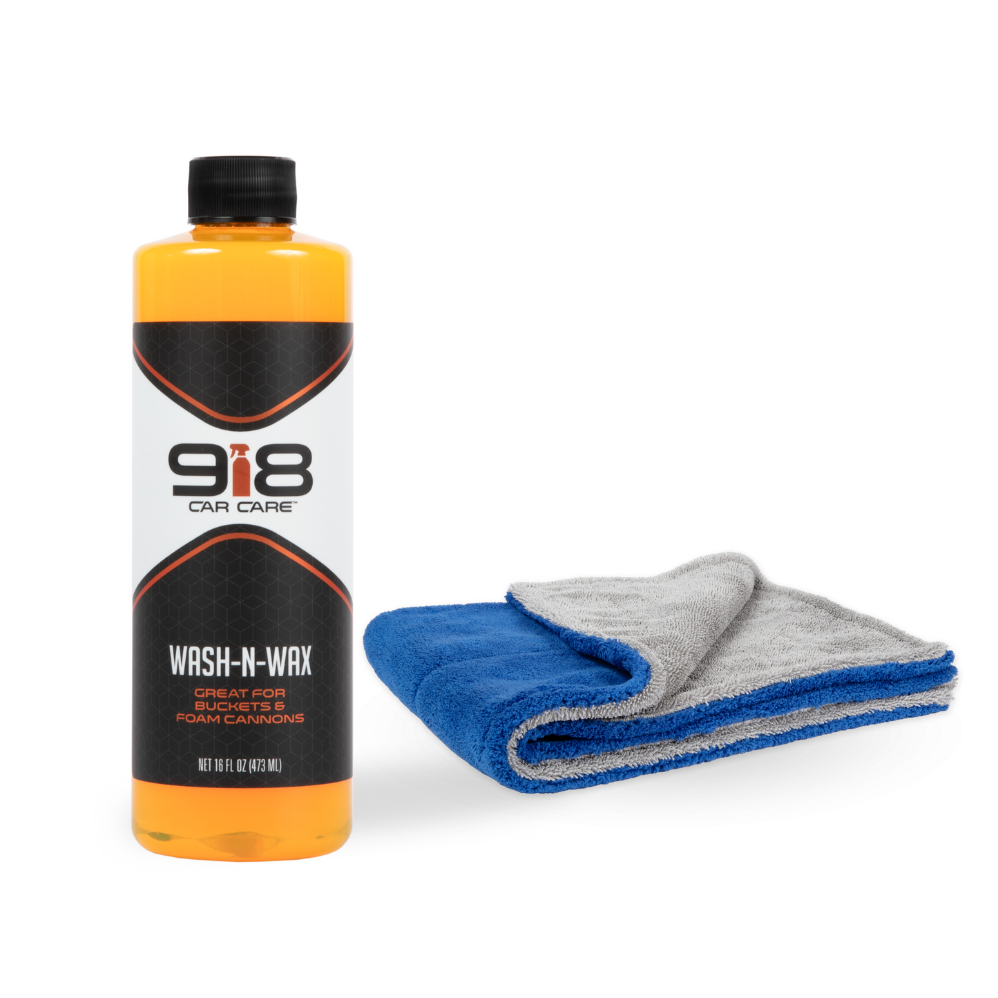 16fl oz black squeeze bottle with white trim of 918 Wash & Wax: Great for Buckets & Foam Cannons. Both the subheading, and the spray bottle in the company logo, are dark orange.

Blue, folded microfiber car drying towel.