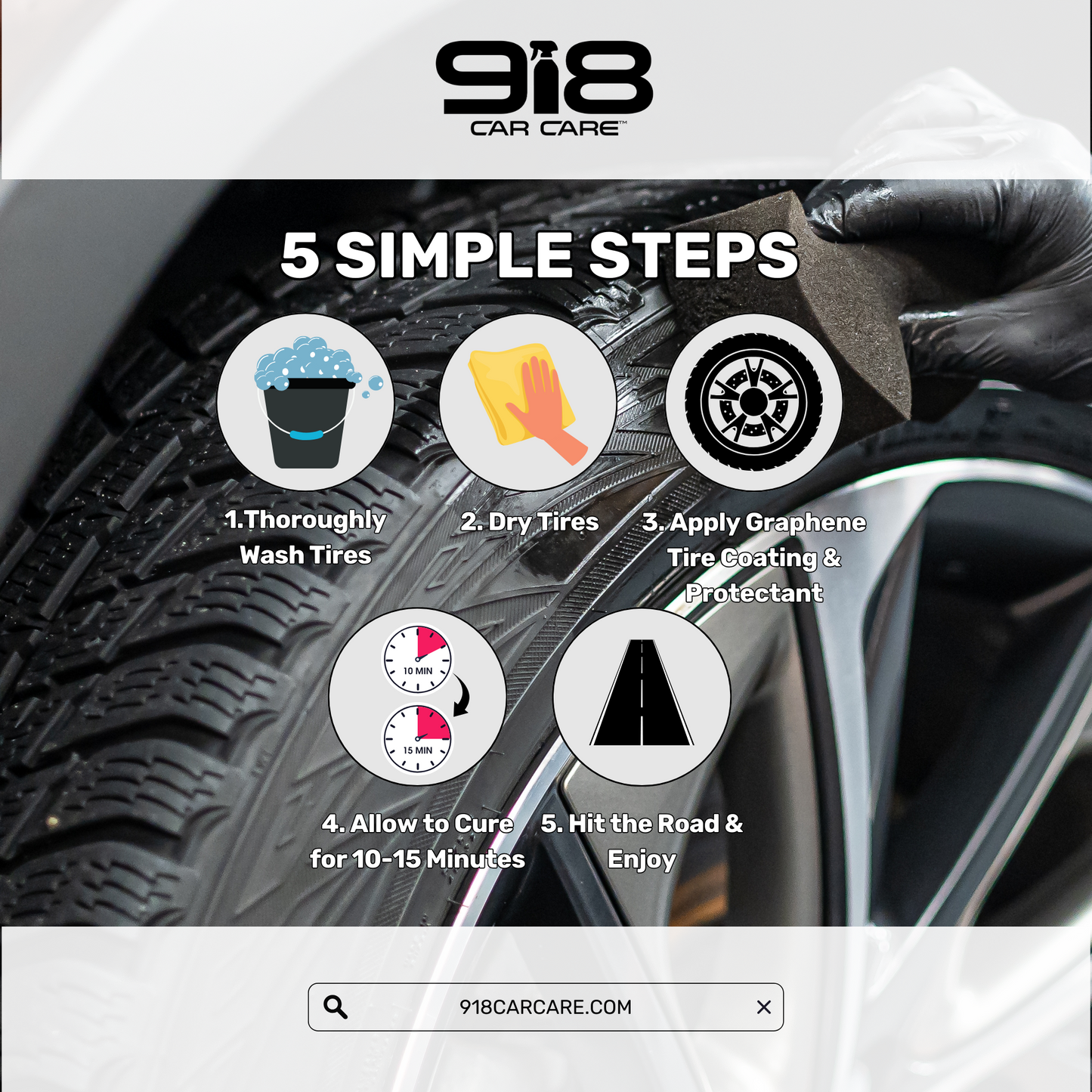 Text reads:

5 Simple Steps:
1. Thoroughly Wash Tires;
2. Dry Tires;
3. Apply Graphene Tire Coating & Protectant;
4.Allow to Cure for 10-15 Minutes;
5. Hit the Road & Enjoy.